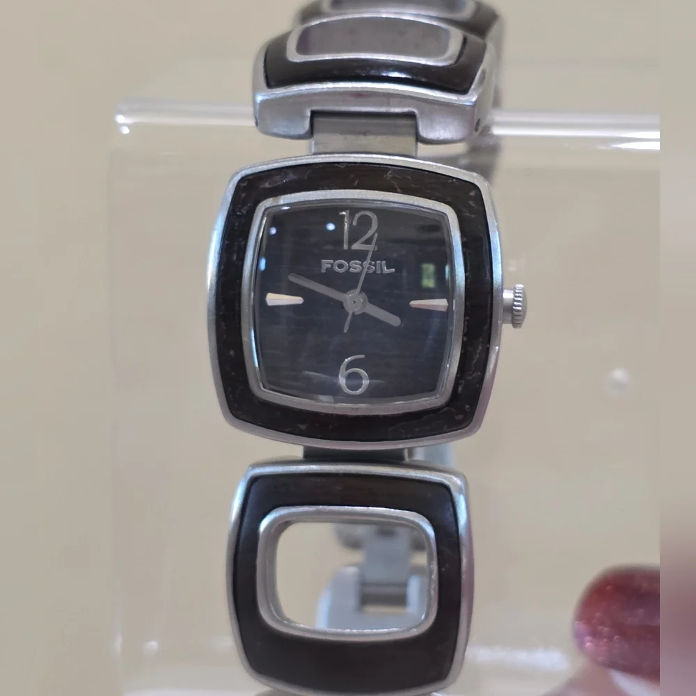 Fossil WOODGIRL Square Face Brushed Stainless Steel Wood Detail Wrist Watch